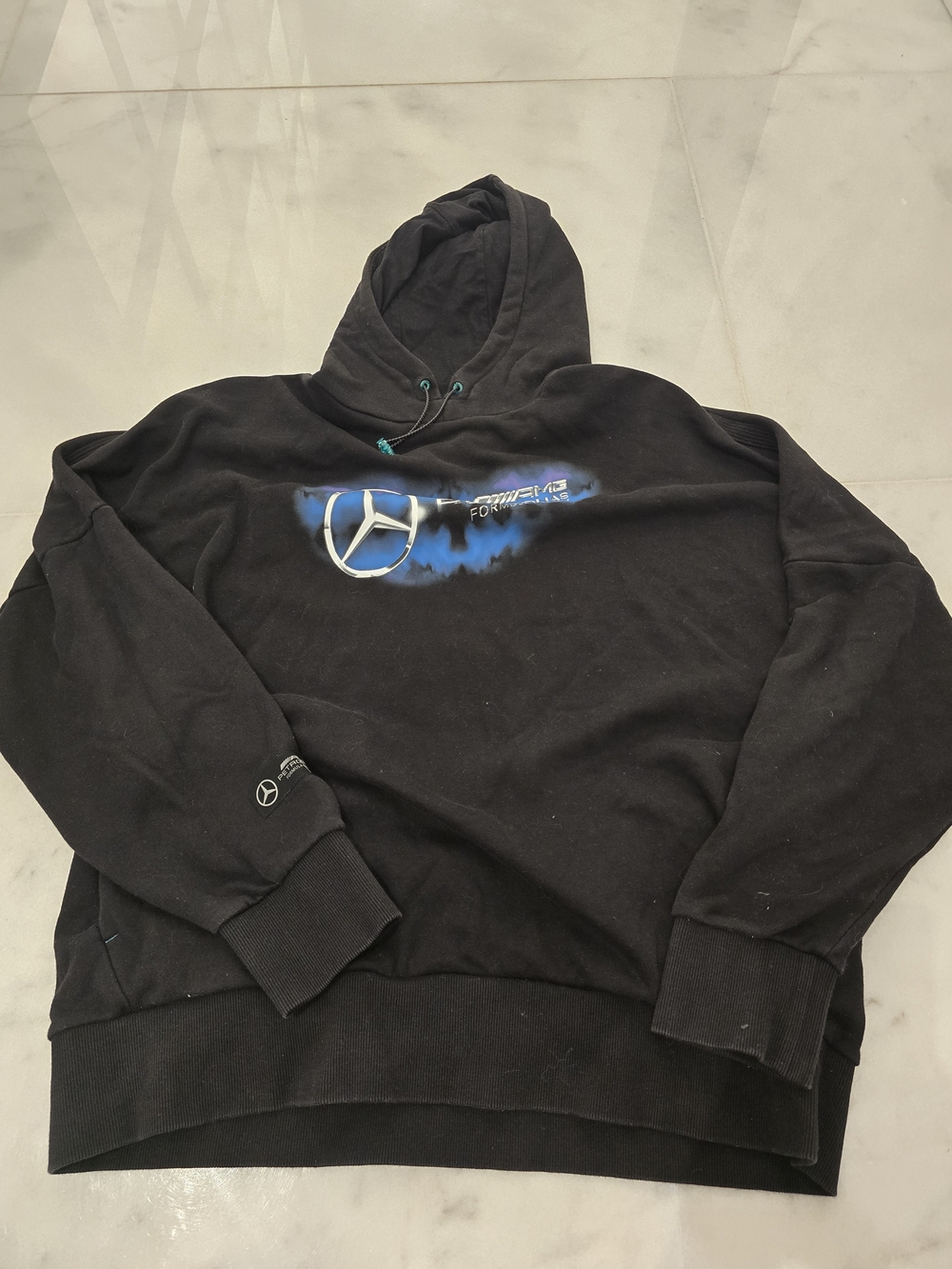 Puma Amg Petronas Men's Black Hooded Sweatshirt with Blue Logo